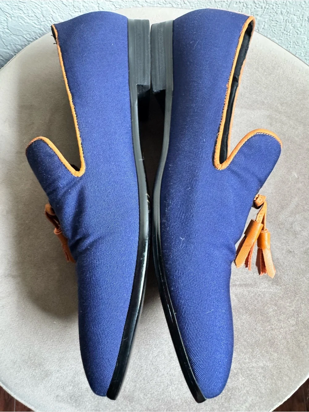 Merlutti Men’s Blue Canvas Loafers with Tan Leather Tassels – Size 8
